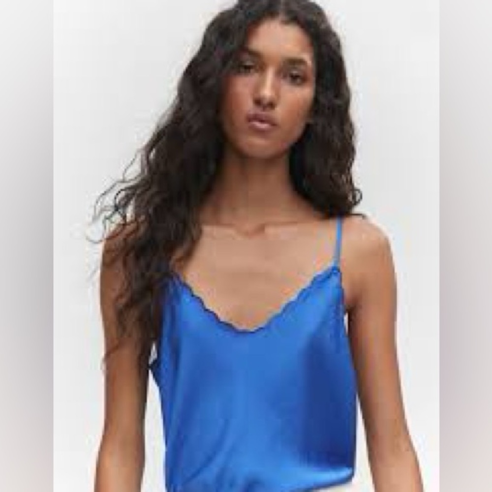 Mango Blue Satin scallops Cami Top L